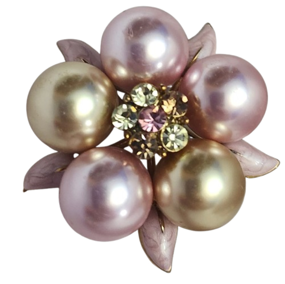 Vintage Mid-Century Faux Pearl & Rhinestone Flower Cluster Brooch Pin